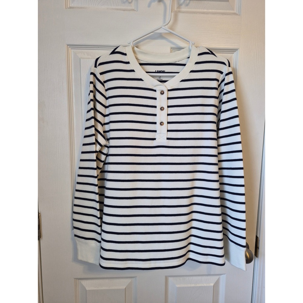Lands' End Womens L/P Striped Waffle Knit Henley Top Navy Blue White Long Sleeve